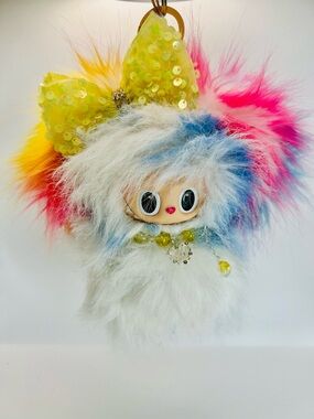 Multicolor Fuzzy Pom Bag Charm with Yellow Sequin Bow handmade Labubu inspired